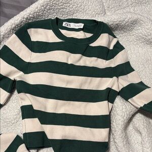 Zara Forest Green and Cream Striped Knit Top